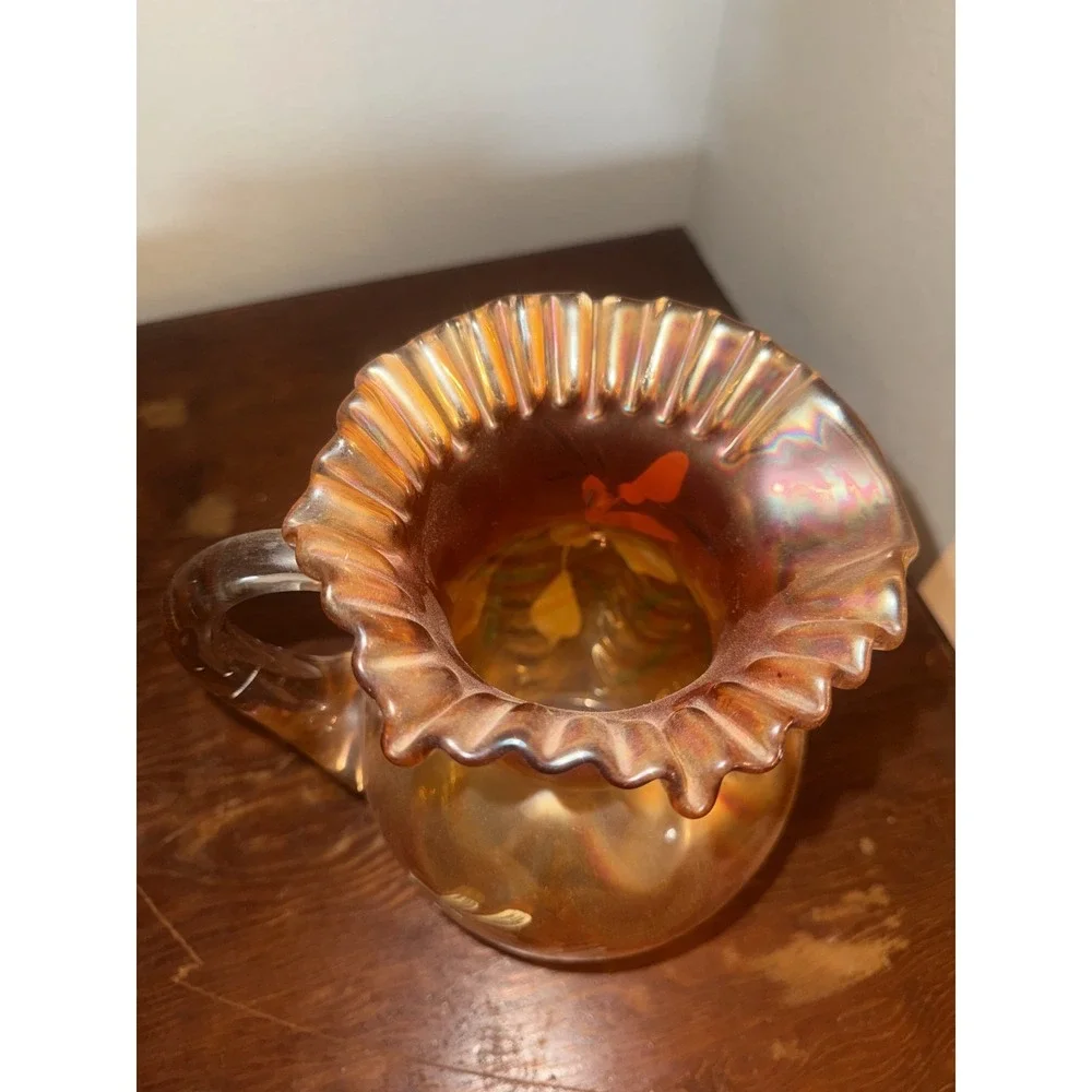 Fenton Marigold Carnival Glass Lotus Water Pitcher and 5 Glasses Set Vintage